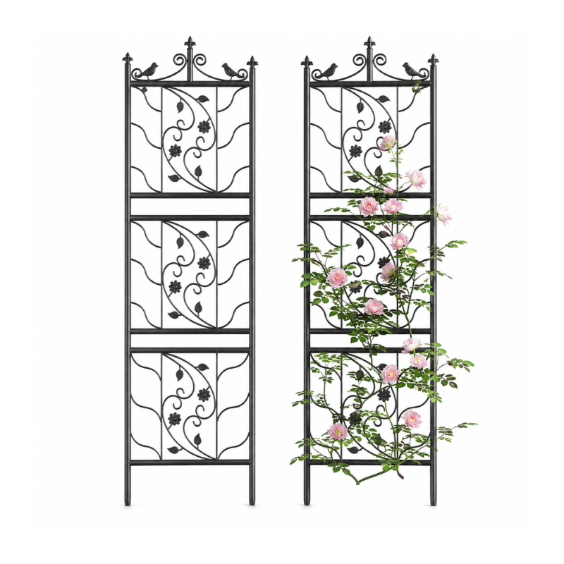 Decorative Metal Garden Trellis for Climbing Plants, Heavy-Duty Powder-Coated Iron Plant Support Panel, Black