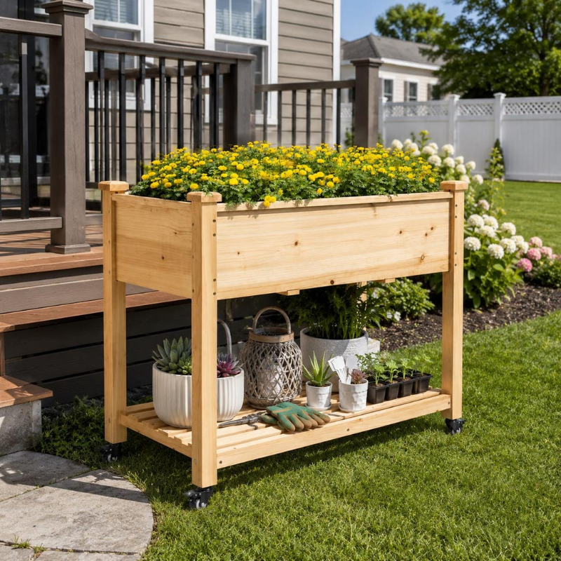 Raised Garden Bed with Wheels, Elevated Wooden Planter Box with Storage Shelf for Vegetables, Herbs and Flowers