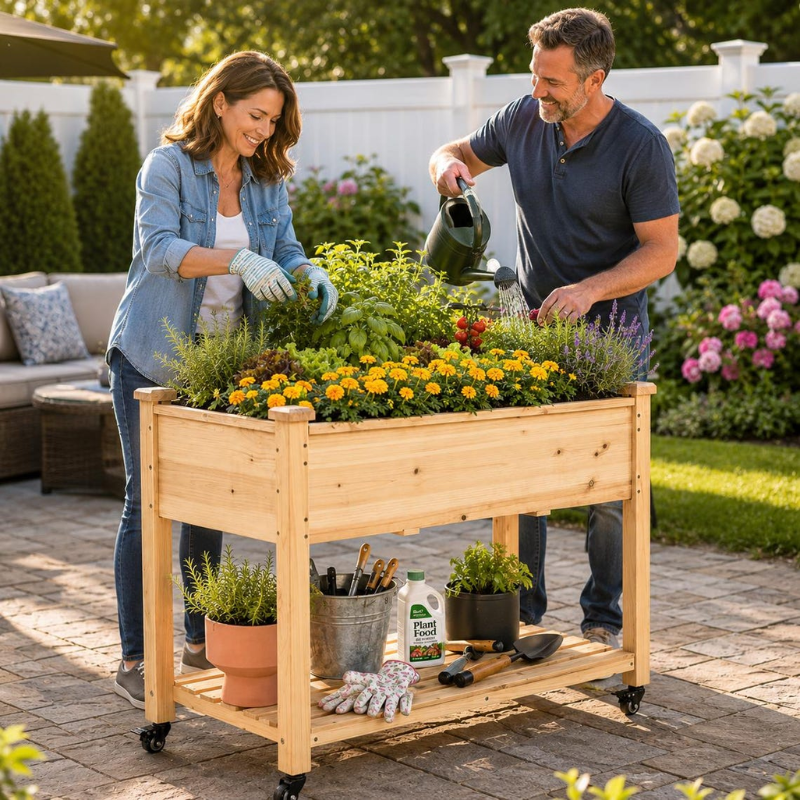 Raised Garden Bed with Wheels, Elevated Wooden Planter Box with Storage Shelf for Vegetables, Herbs and Flowers