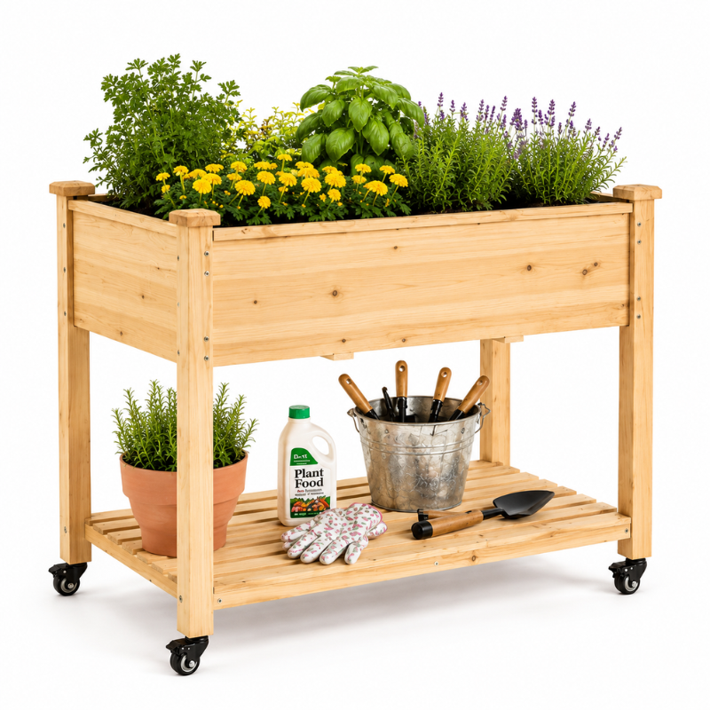 Raised Garden Bed with Wheels, Elevated Wooden Planter Box with Storage Shelf for Vegetables, Herbs and Flowers