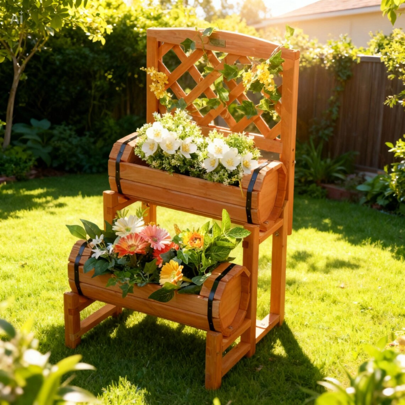 Wooden Raised Garden Bed with Trellis, 2-Tier Fir Wood Planter Box with Side Pots for Vegetables, Herbs, Flowers and Climbing Plants