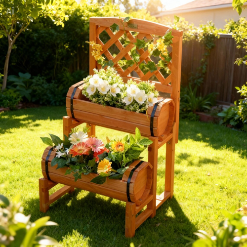 2-Tier Wooden Raised Garden Bed with Trellis & Side Pots.