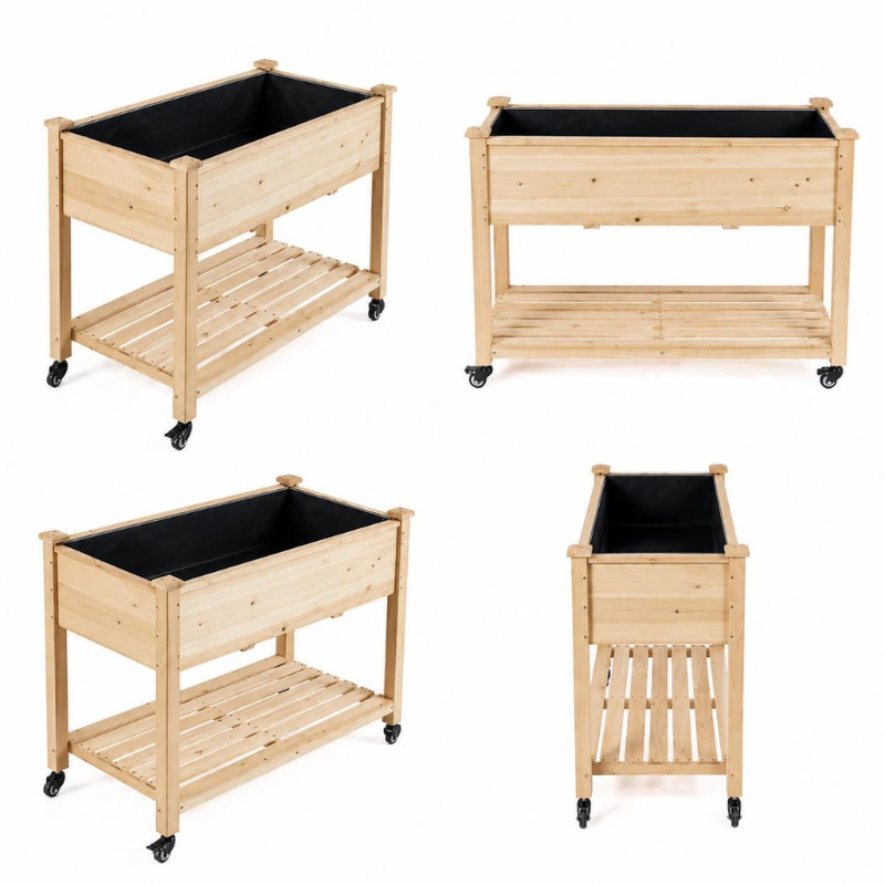 Raised Garden Bed with Wheels, Elevated Wooden Planter Box with Storage Shelf for Vegetables, Herbs and Flowers