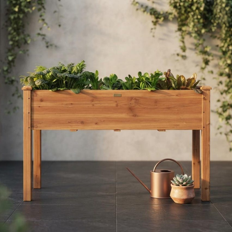 Elevated Wooden Raised Garden Bed, Fir Wood Planter Box with Liner and Drainage Holes for Patio, Balcony and Garden