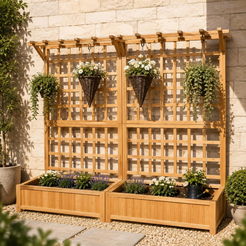 Handmade Wooden Raised Garden Bed with Lattice Trellis and Hanging Roof, Fir Wood Planter Box for Vegetables, Herbs and Flowers