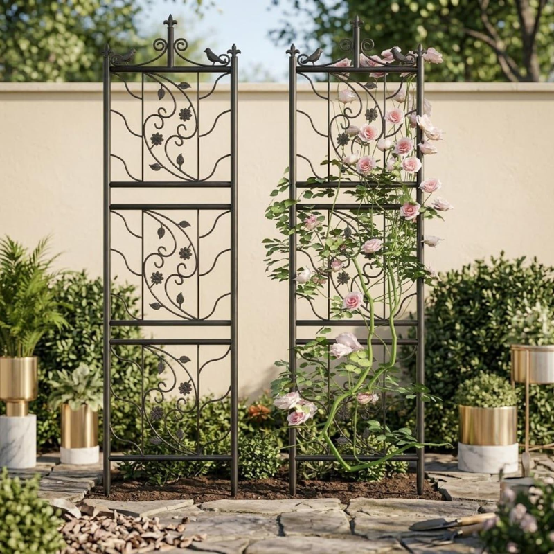 Decorative Metal Garden Trellis for Climbing Plants, Heavy-Duty Powder-Coated Iron Plant Support Panel, Black