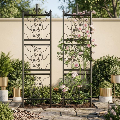 Decorative Metal Garden Trellis for Climbing Plants, Heavy-Duty Powder-Coated Iron Plant Support Panel, Black