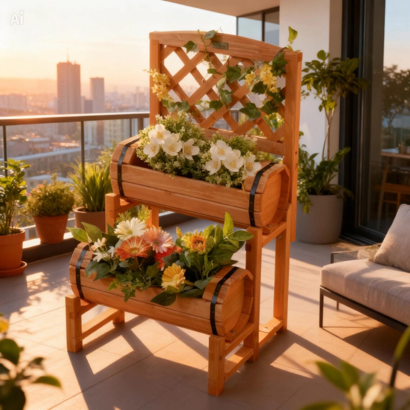 Wooden Raised Garden Bed with Trellis, 2-Tier Fir Wood Planter Box with Side Pots for Vegetables, Herbs, Flowers and Climbing Plants