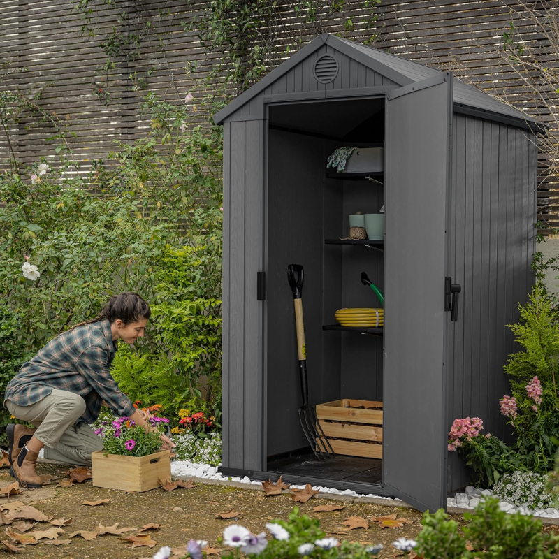 4 x 4 Ft Outdoor Resin Storage Shed with Floor, Weather-Resistant Garden Tool Storage, Grey