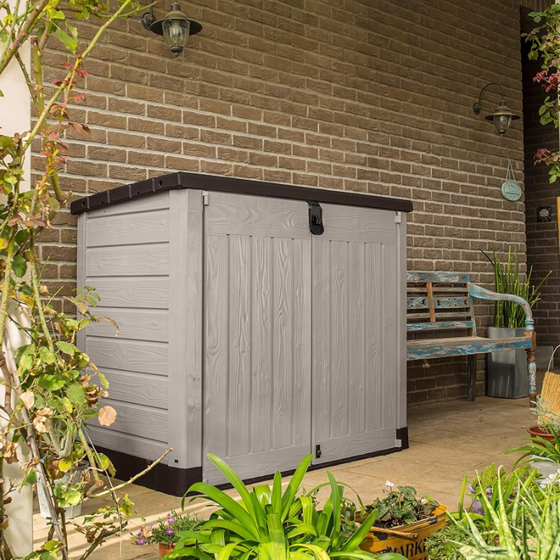 1200L Outdoor Garden Storage Shed with Floor, Lockable Resin Storage Box for Garden Tools, Equipment and Two 240L Bins, Beige/Brown