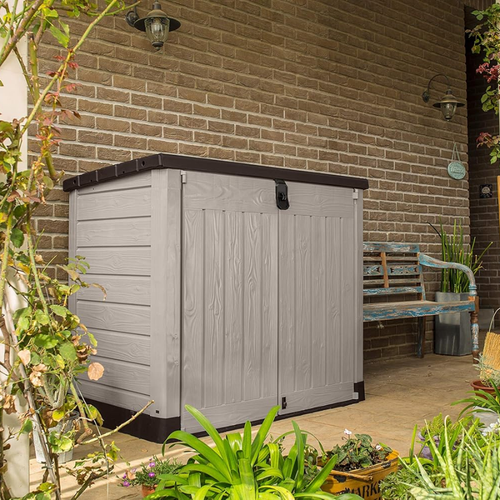 1200L Outdoor Garden Storage Shed with Floor, Lockable Resin Storage Box for Garden Tools, Equipment and Two 240L Bins, Beige/Brown