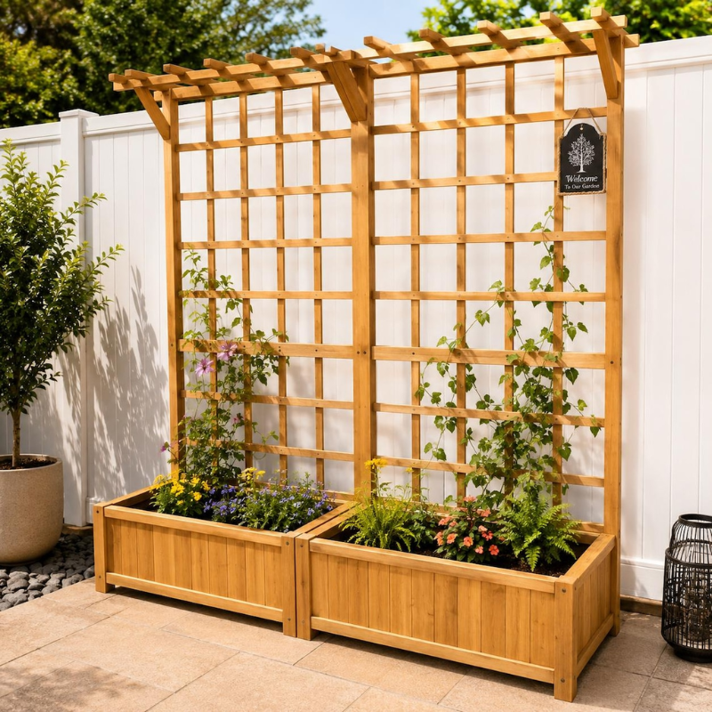 Handmade Wooden Raised Garden Bed with Lattice Trellis and Hanging Roof, Fir Wood Planter Box for Vegetables, Herbs and Flowers