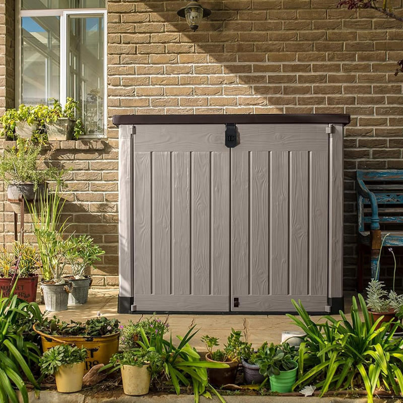 1200L Outdoor Garden Storage Shed with Floor, Lockable Resin Storage Box for Garden Tools, Equipment and Two 240L Bins, Beige/Brown