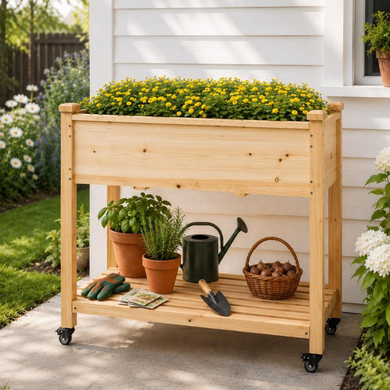 Raised Garden Bed with Wheels, Elevated Wooden Planter Box with Storage Shelf for Vegetables, Herbs and Flowers
