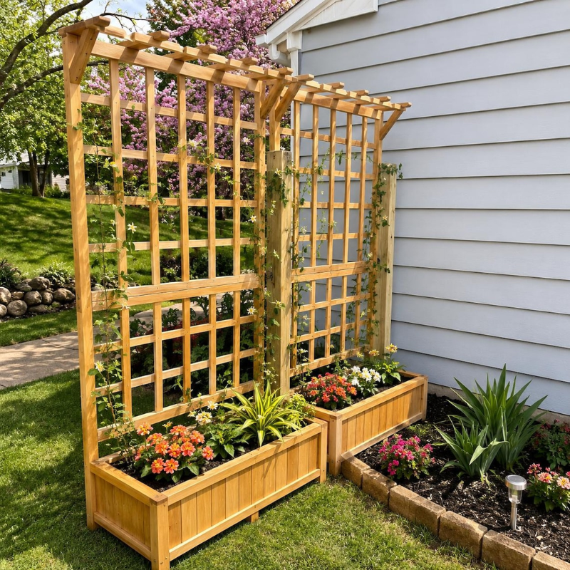 Handmade Wooden Raised Garden Bed with Lattice Trellis and Hanging Roof, Fir Wood Planter Box for Vegetables, Herbs and Flowers