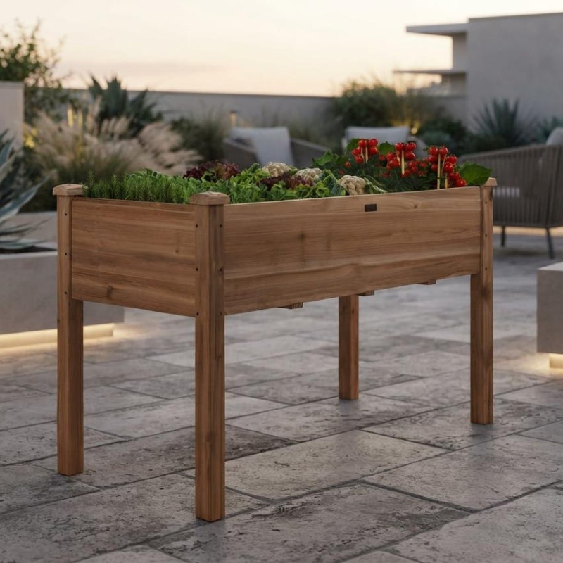 Elevated Wooden Raised Garden Bed, Fir Wood Planter Box with Liner and Drainage Holes for Patio, Balcony and Garden