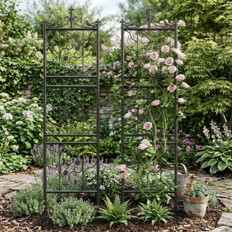 Decorative Metal Garden Trellis for Climbing Plants, Heavy-Duty Powder-Coated Iron Plant Support Panel, Black