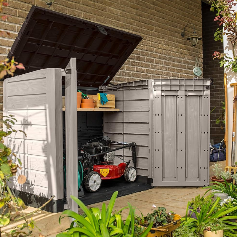 1200L Outdoor Garden Storage Shed with Floor, Lockable Resin Storage Box for Garden Tools, Equipment and Two 240L Bins, Beige/Brown