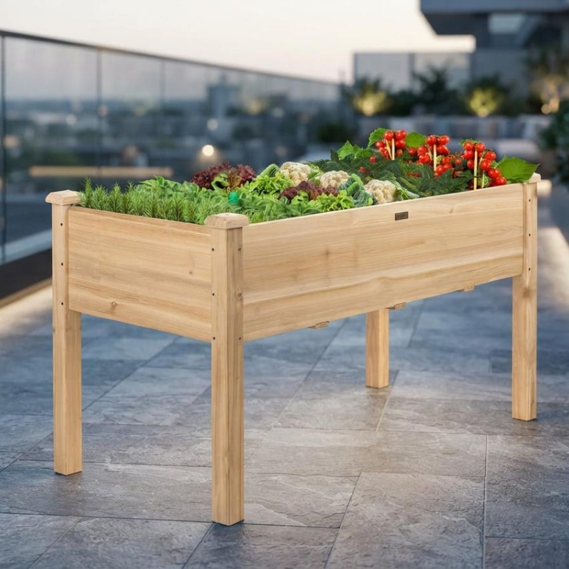 Elevated Wooden Raised Garden Bed, Fir Wood Planter Box with Liner and Drainage Holes for Patio, Balcony and Garden