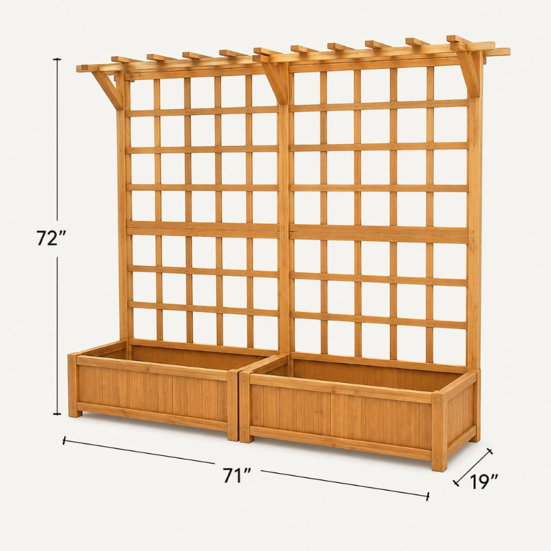 Handmade Wooden Raised Garden Bed with Lattice Trellis and Hanging Roof, Fir Wood Planter Box for Vegetables, Herbs and Flowers