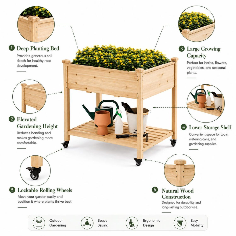 Raised Garden Bed with Wheels, Elevated Wooden Planter Box with Storage Shelf for Vegetables, Herbs and Flowers