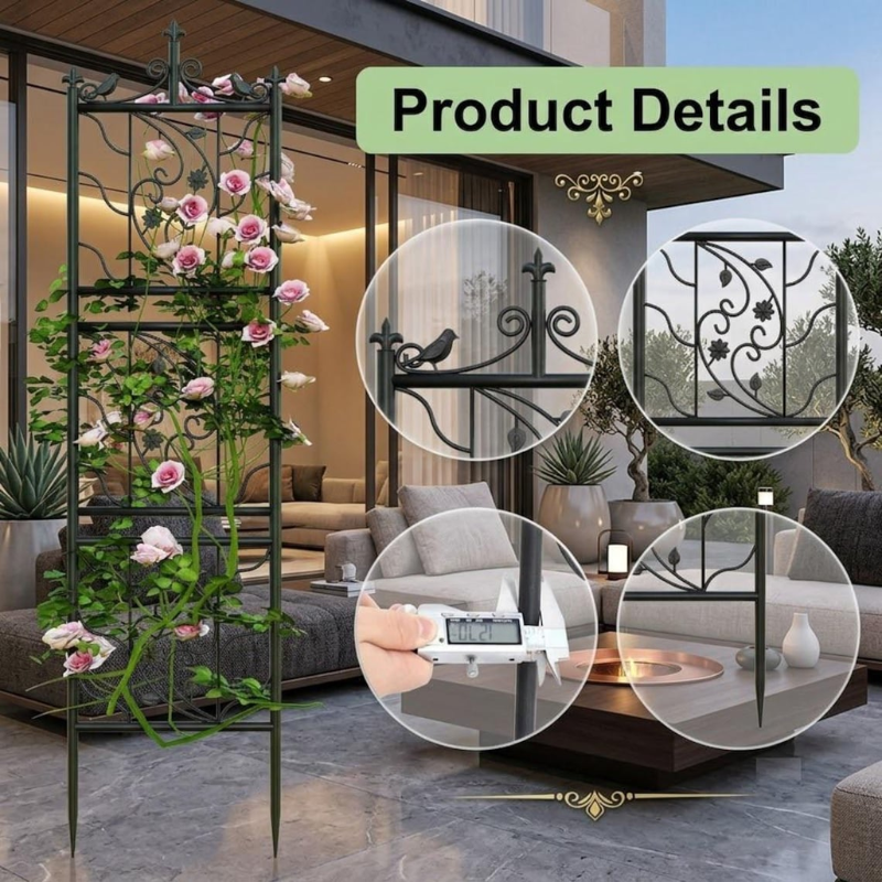 Decorative Metal Garden Trellis for Climbing Plants, Heavy-Duty Powder-Coated Iron Plant Support Panel, Black