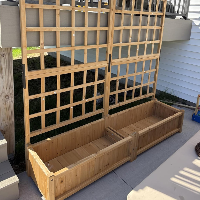 Handmade Wooden Raised Garden Bed with Lattice Trellis and Hanging Roof, Fir Wood Planter Box for Vegetables, Herbs and Flowers