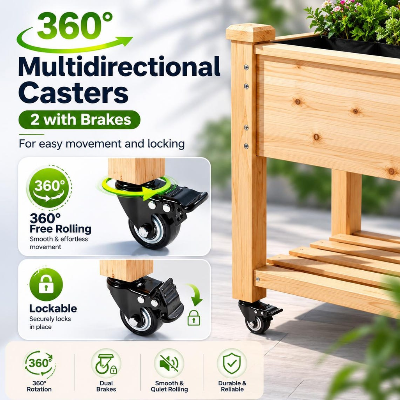 Raised Garden Bed with Wheels, Elevated Wooden Planter Box with Storage Shelf for Vegetables, Herbs and Flowers