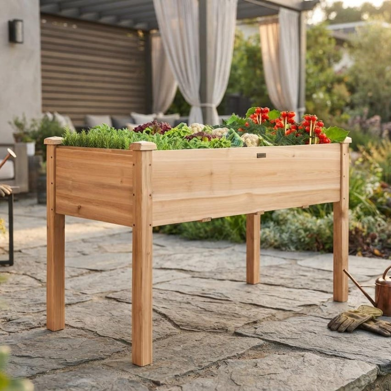 Elevated Wooden Raised Garden Bed, Fir Wood Planter Box with Liner and Drainage Holes for Patio, Balcony and Garden