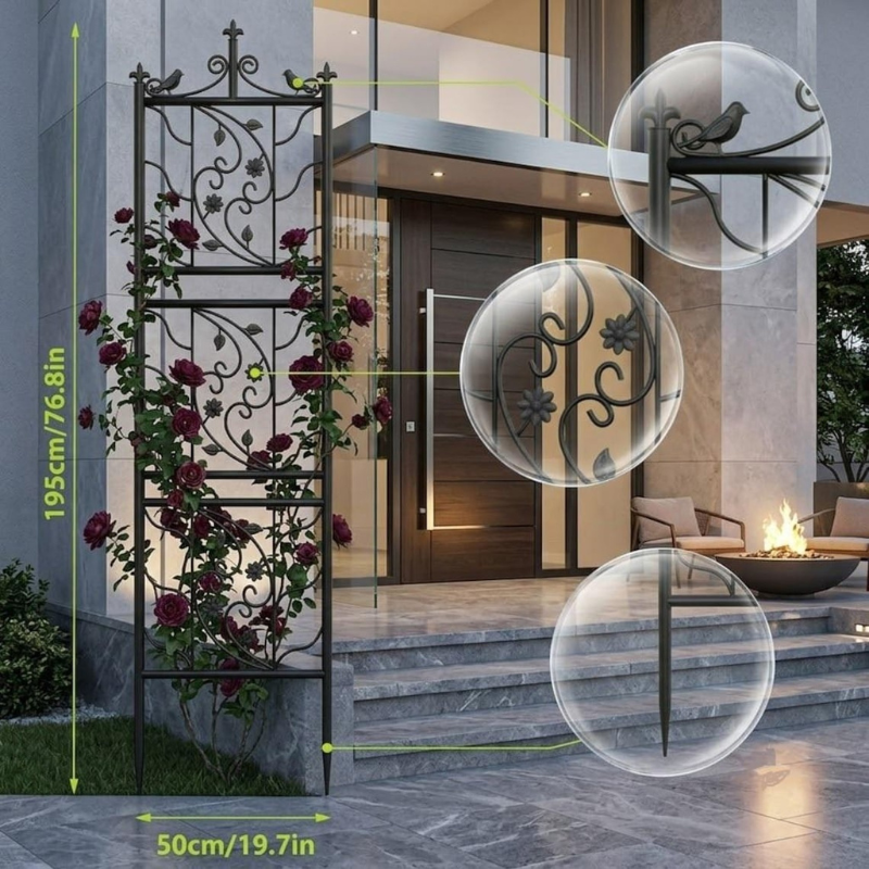 Decorative Metal Garden Trellis for Climbing Plants, Heavy-Duty Powder-Coated Iron Plant Support Panel, Black