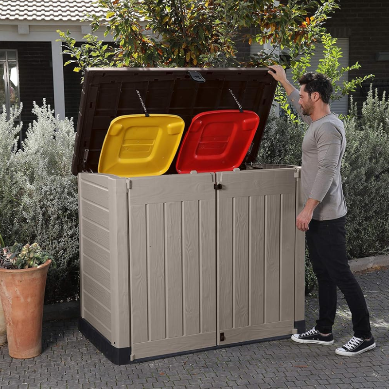 1200L Outdoor Garden Storage Shed with Floor, Lockable Resin Storage Box for Garden Tools, Equipment and Two 240L Bins, Beige/Brown