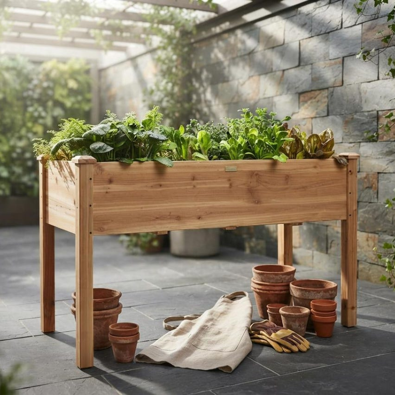 Elevated Wooden Raised Garden Bed, Fir Wood Planter Box with Liner and Drainage Holes for Patio, Balcony and Garden