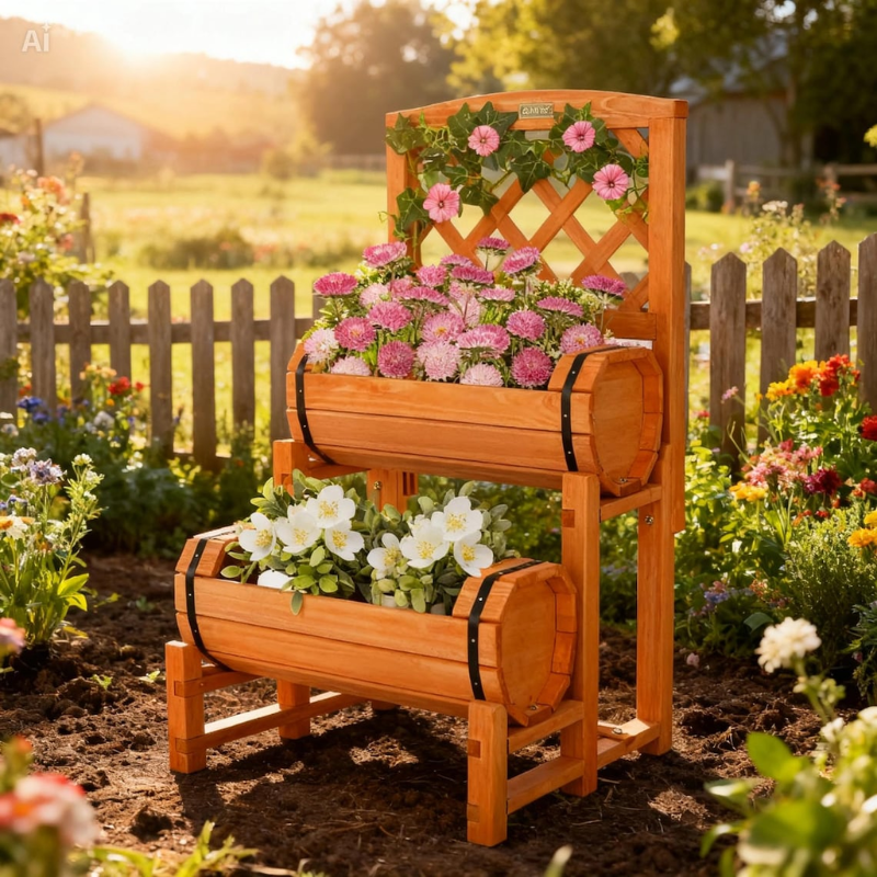Wooden Raised Garden Bed with Trellis, 2-Tier Fir Wood Planter Box with Side Pots for Vegetables, Herbs, Flowers and Climbing Plants