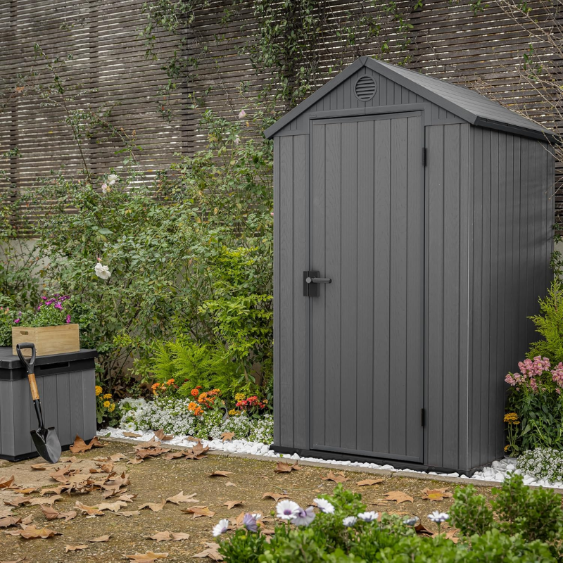 4 x 4 Ft Outdoor Resin Storage Shed with Floor, Weather-Resistant Garden Tool Storage, Grey