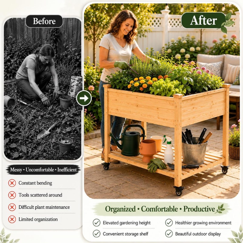 Raised Garden Bed with Wheels, Elevated Wooden Planter Box with Storage Shelf for Vegetables, Herbs and Flowers