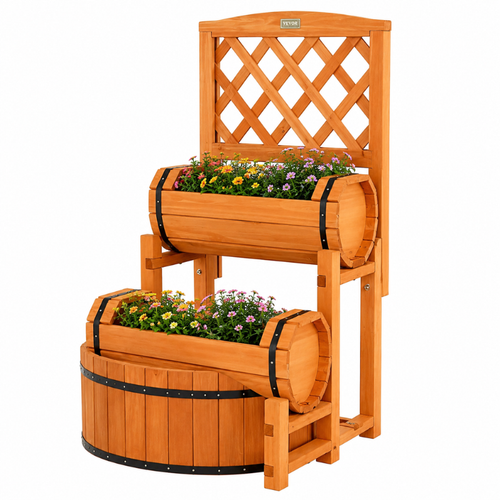 2-Tier Wooden Raised Garden Bed with Trellis & Side Pots.