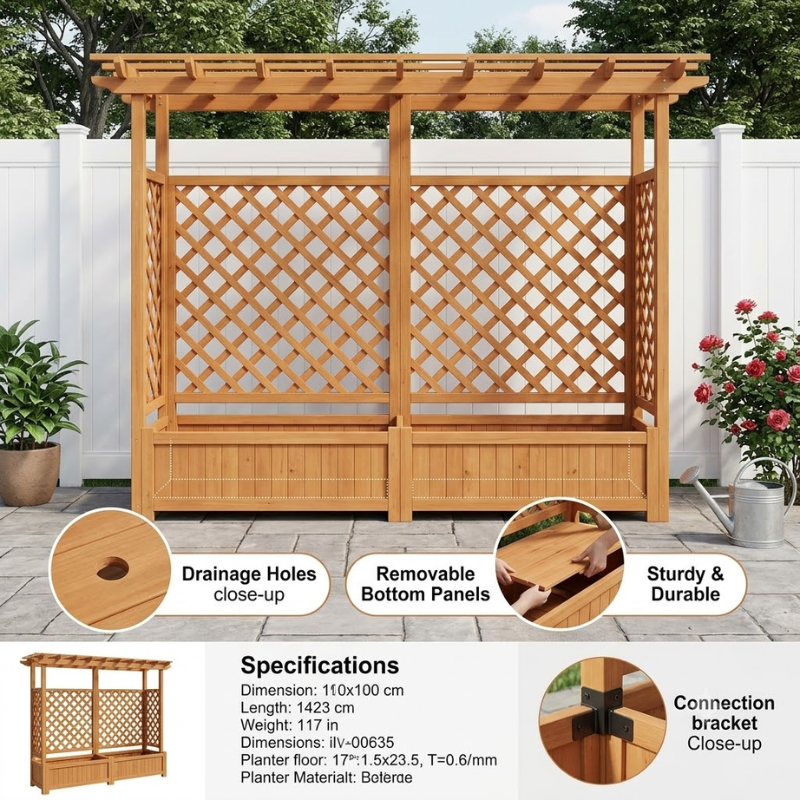 Handmade Wooden Raised Garden Bed with Lattice Trellis and Hanging Roof, Fir Wood Planter Box for Vegetables, Herbs and Flowers