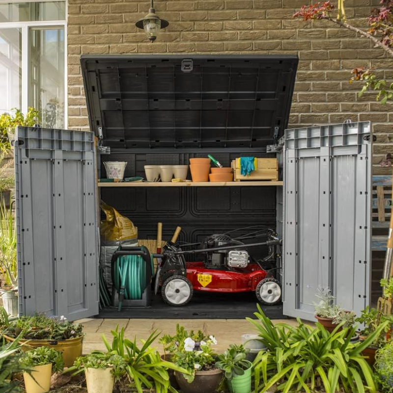 1200L Outdoor Resin Storage Shed with Floor, Lockable Garden Storage for Tools, Equipment and Two 240L Bins, Grey