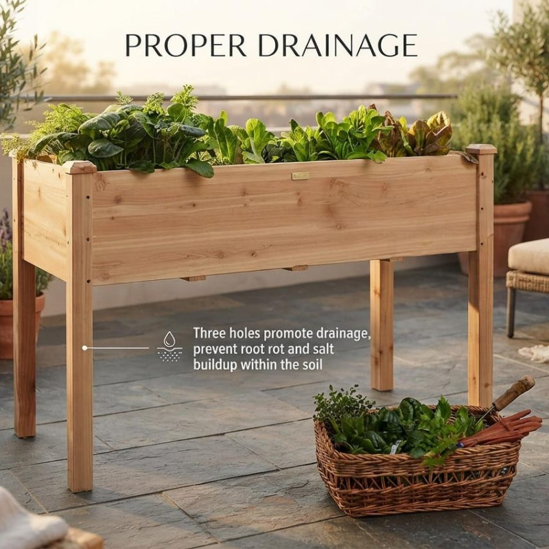 Elevated Wooden Raised Garden Bed, Fir Wood Planter Box with Liner and Drainage Holes for Patio, Balcony and Garden