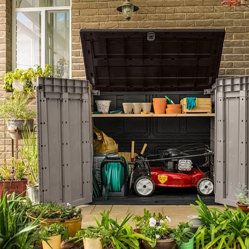1200L Outdoor Garden Storage Shed with Floor, Lockable Resin Storage Box for Garden Tools, Equipment and Two 240L Bins, Beige/Brown