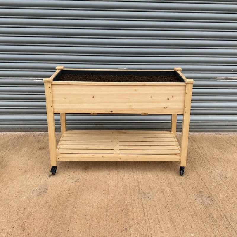 Raised Garden Bed with Wheels, Elevated Wooden Planter Box with Storage Shelf for Vegetables, Herbs and Flowers