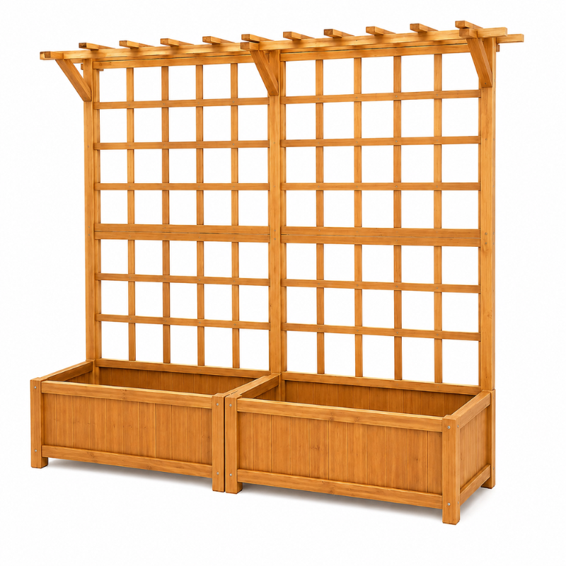 Handmade Wooden Raised Garden Bed with Lattice Trellis and Hanging Roof, Fir Wood Planter Box for Vegetables, Herbs and Flowers