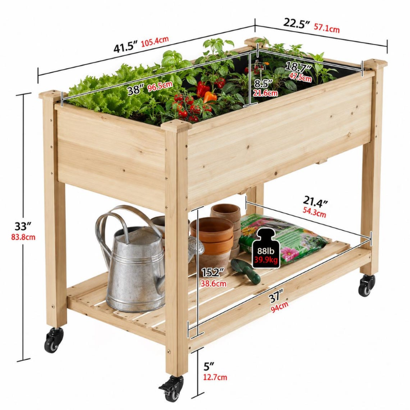 Raised Garden Bed with Wheels, Elevated Wooden Planter Box with Storage Shelf for Vegetables, Herbs and Flowers