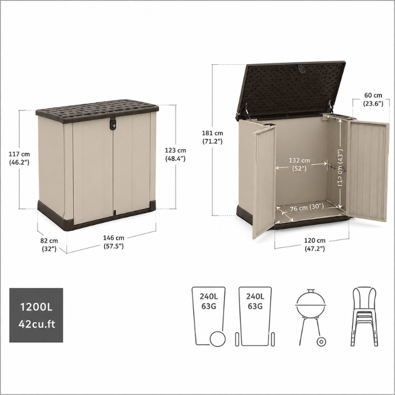 1200L Outdoor Garden Storage Shed with Floor, Lockable Resin Storage Box for Garden Tools, Equipment and Two 240L Bins, Beige/Brown