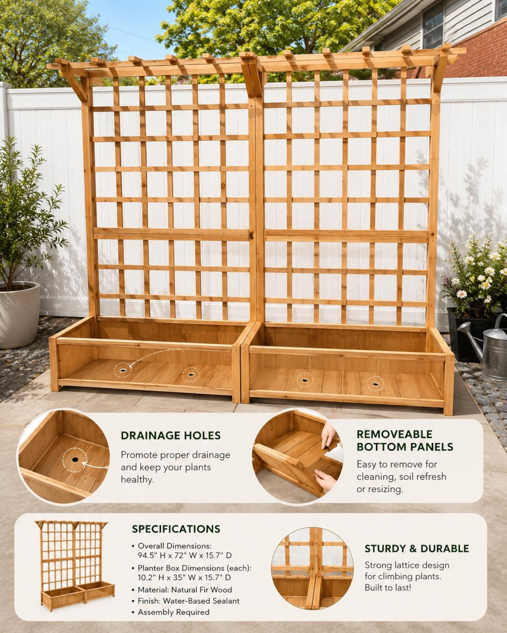 Handmade Wooden Raised Garden Bed with Lattice Trellis and Hanging Roof, Fir Wood Planter Box for Vegetables, Herbs and Flowers