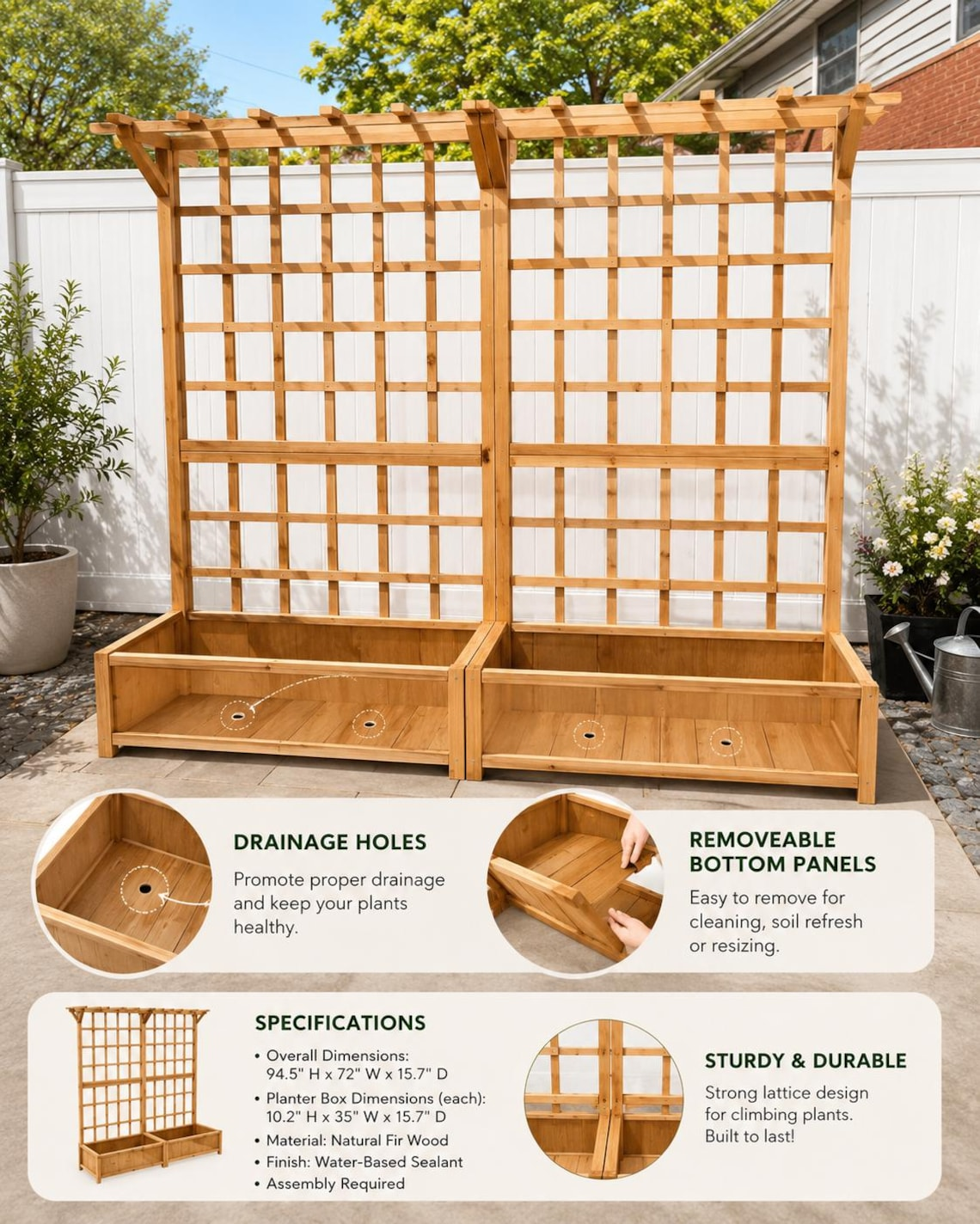 Handmade Wooden Raised Garden Bed with Lattice Trellis and Hanging Roof, Fir Wood Planter Box for Vegetables, Herbs and Flowers
